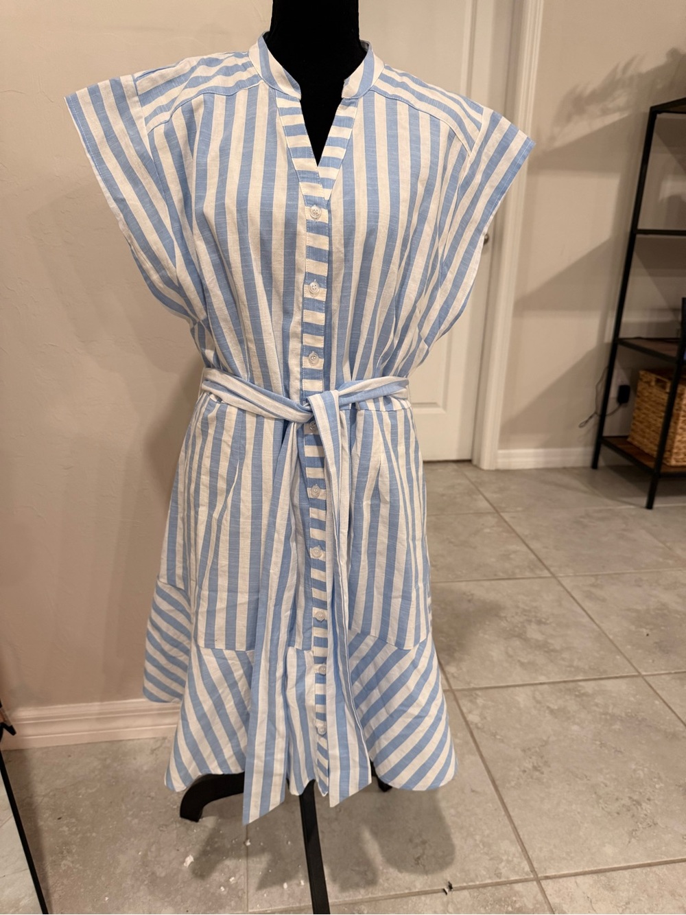 AVARA Blue White Striped Belted Shirt Dress XL Ruffle Hem Coastal Preppy